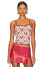 view 1 of 4 Scarlett Corset Top Flocked Mesh Corset Top in Red & Oyster