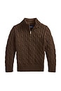 view 1 of 2 Kids Long Sleeve Cotton Cable Knit Half Zip Sweater in Nutmeg Brown