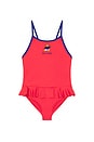 view 1 of 2 One Piece Novelty Bear Graphic Swimsuit With Ruffle Hem in Nantucket Red Multi