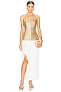 view 1 of 4 Strapless Straight Neck Sequin Dress W/ Plisse Skirt in Gold & White