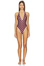 view 1 of 4 V Neck Backless Swimsuit in Brown Polka Dots