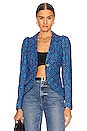 view 1 of 5 Pouf Sleeve One Button Blazer in Merlot & Cobalt Liberty Floral