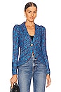 view 2 of 5 Pouf Sleeve One Button Blazer in Merlot & Cobalt Liberty Floral