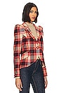 view 2 of 4 Pouf Sleeve One Button Blazer in Carmine Plaid With Whiskey