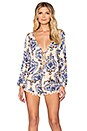 view 1 of 4 Kalani Lace Up Romper in River Cream & Blue