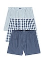 view 1 of 1 3 Pack Woven Boxer in Cabin Plaid, Black Vertical Classic Stripe, & Turbulence Interlaced Geo