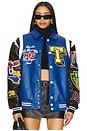 view 1 of 6 Color Block Puffer Bomber Jacket in Blue & Black