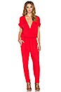 view 1 of 4 Chandelle Damask Rayon Short Sleeve Cross Front Jumpsuit in Punch
