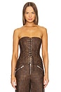 view 1 of 4 Faux Leather Lace Front Corset in Patina Dark Brown