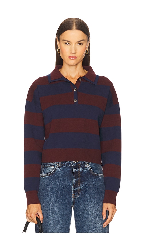 525 Lennon Double Collar Rugby Stripe Pullover In Burgundy