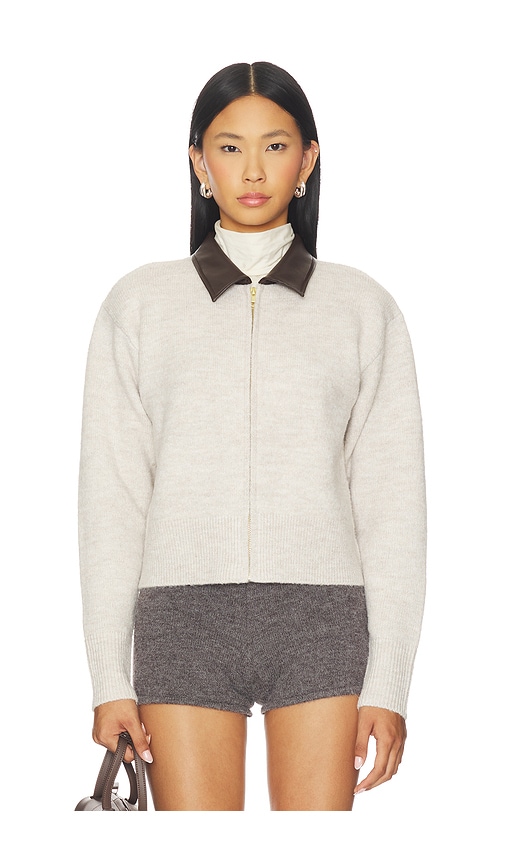 525 America Faux Leather Collar Zip Up Cardigan