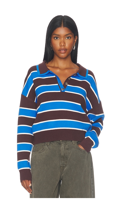 525 America Vera Double Johnny Collar Rugby Stripe Pullover Sweater In Chocolate Plum Combo