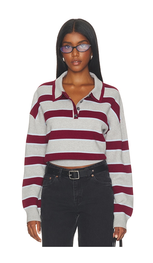 525 America Vera Double Johnny Collar Rugby Stripe Pullover Sweater In Grey Pearl Combo