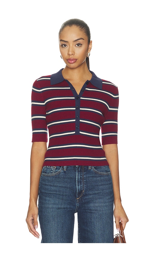 525 America Imogen Rib Stripe Fitted Polo In Dark Cherry Stripe