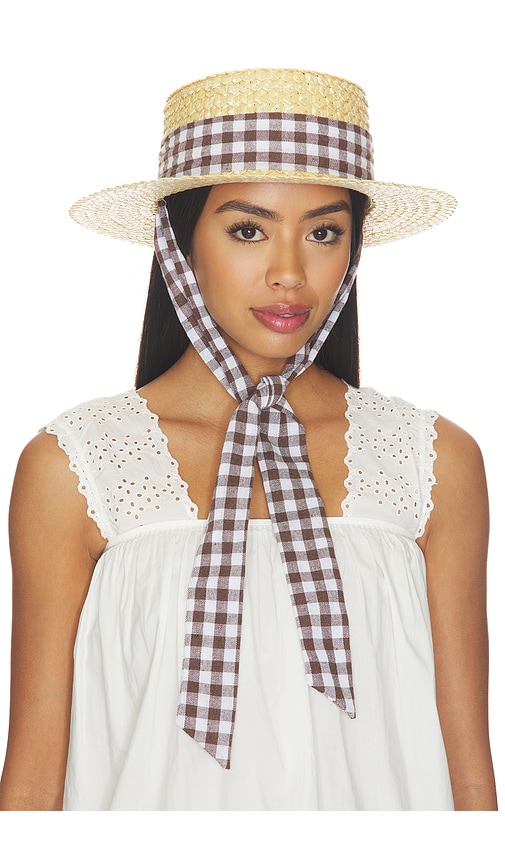 Straw Boater Hat With Gingham Ribbon Band