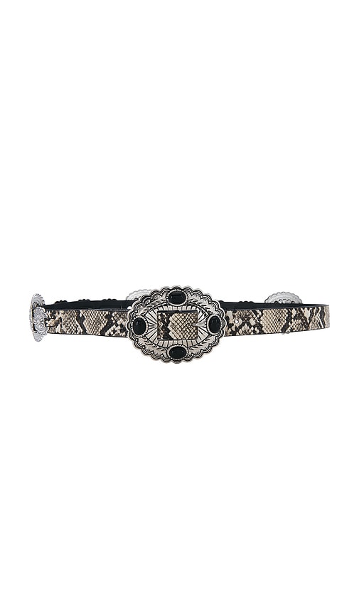 Snakeskin Belt With Ornate Silver Conchos And Black Stone Buckle
