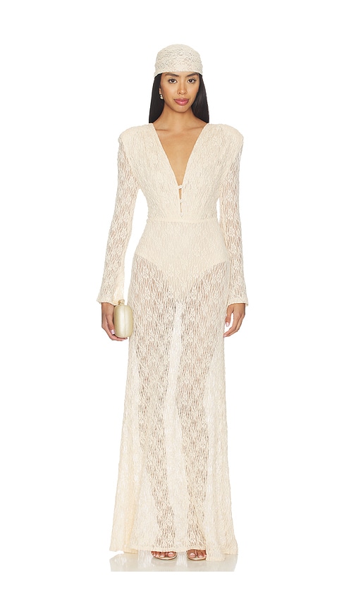 Long Sleeve Lace Maxi Dress in Beige. - size 40/8 (also in 34/2, 36/4, 38/6)
