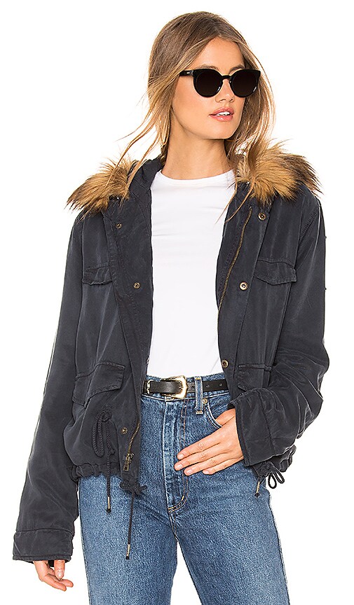 YFB CLOTHING Wells Crop Jacket With Faux Fur Lining in Ink | REVOLVE