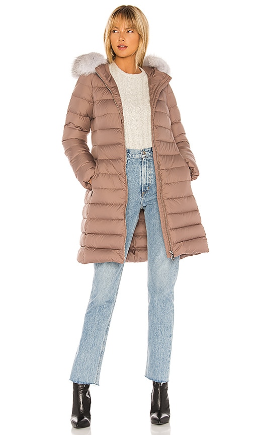Add Hooded Down Coat With Fur Border In Mauve.