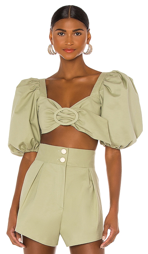 ADRIANA DEGREAS Muguet Solid Cropped Blouse in Green