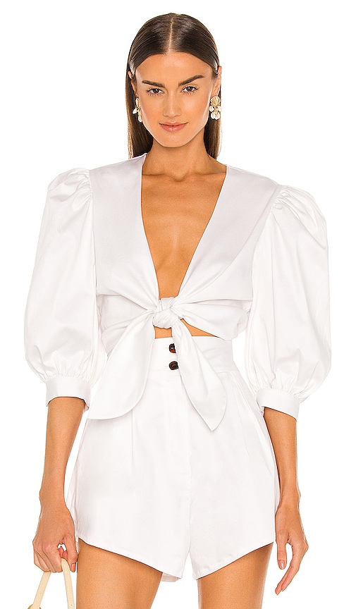 ADRIANA DEGREAS Puff Sleeve Cropped Blouse in White