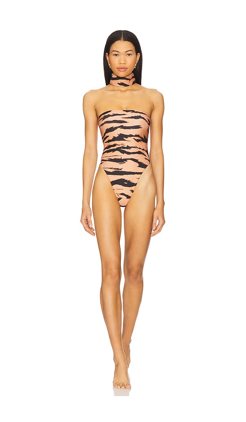 X Sabine Getty High Leg Strapless One Piece Swimsuit in Burnt Orange. - size S (also in M, XS)