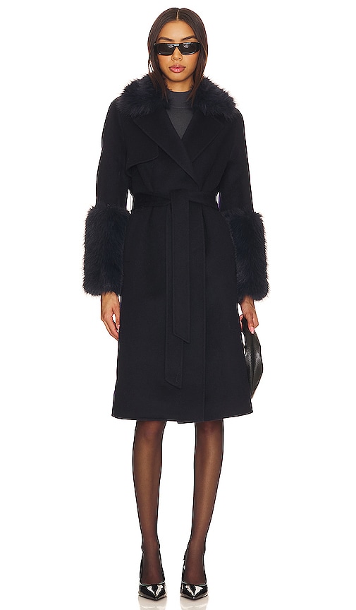 Adrienne Landau Faux Fur Trim Wool Coat In Navy