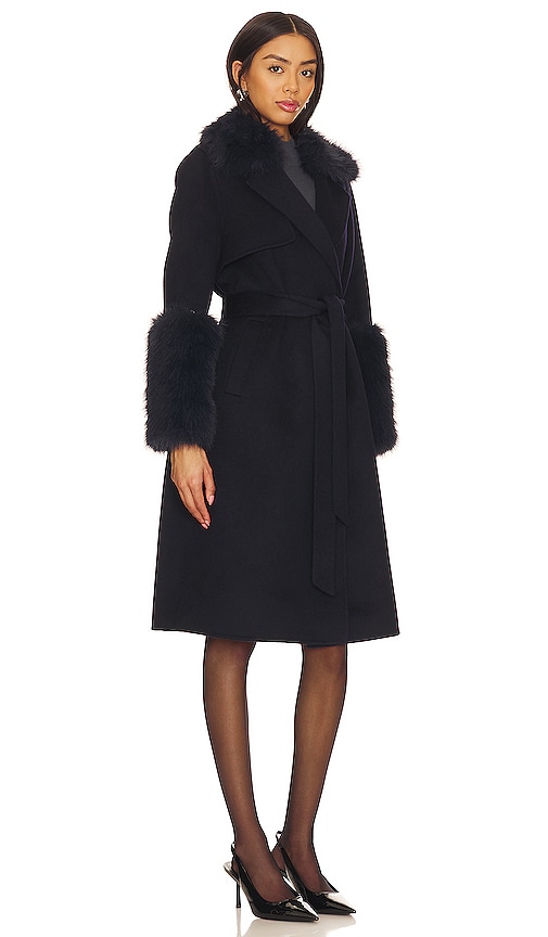 Shop Adrienne Landau Faux Fur Trim Wool Coat In Navy