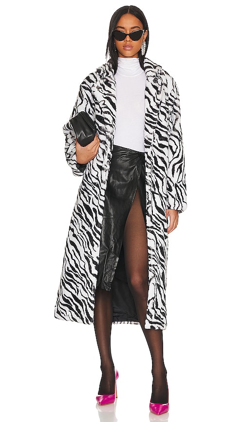 Adrienne Landau Faux Fur Long Coat In Black,white