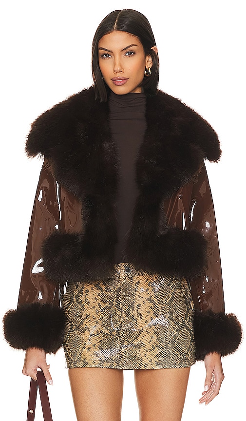 Adrienne Landau Faux Leather & Fur Jacket In Brown