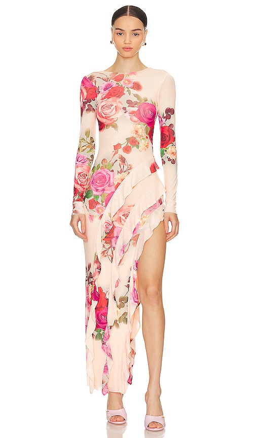 Afrm Jacie Floral Ruffled Low Back Maxi Dress In Nude Rose
