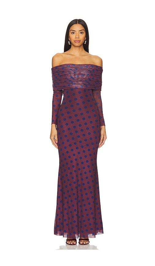 Afrm X Revolve Thelma Dress In Wine Diagonal Dot