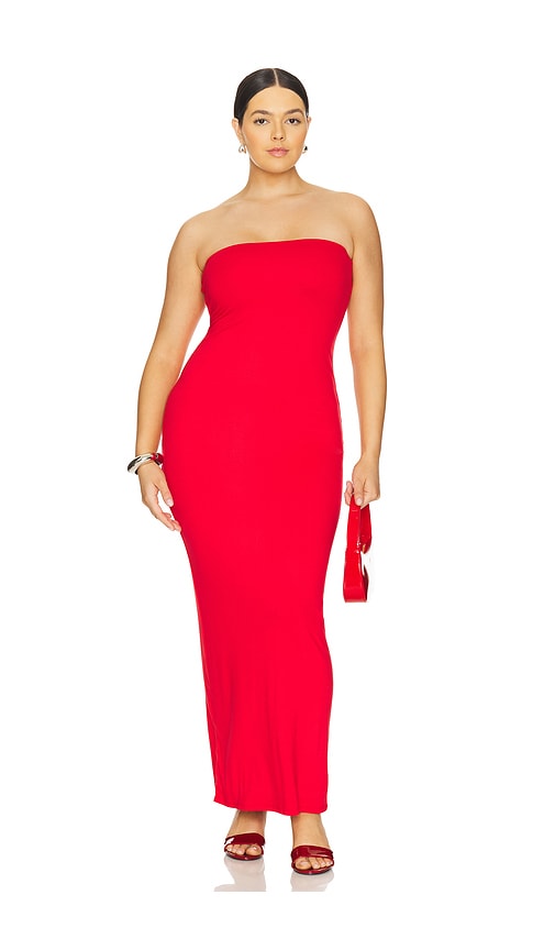 afrm red dress AFRM Sonya maxi length dress with high slit detail in overscale rose