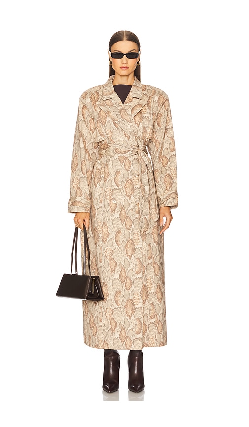 Afrm Earhart Snakeskin Print Trench Coat In Brown
