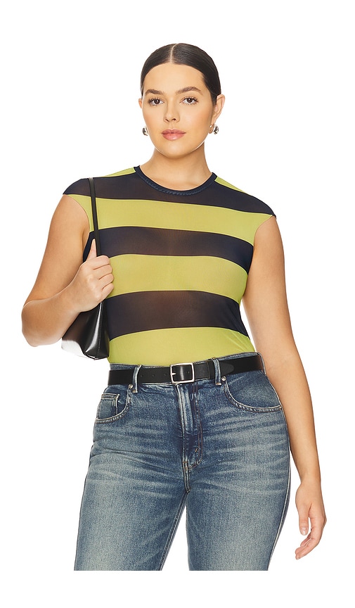 Afrm Nina Print Cap Sleeve Mesh Top In Lime Rugby