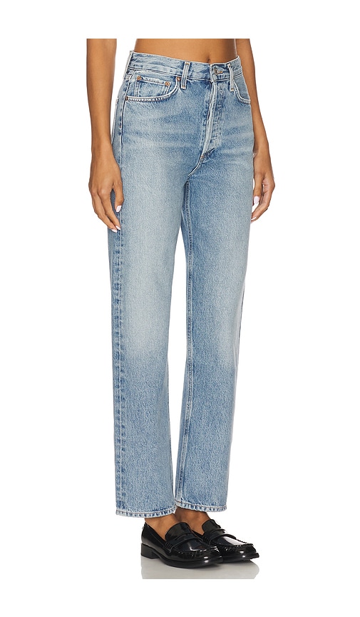 Agolde 90's Pinch Waist Long Frayed High-rise Straight-leg Jeans In Blue
