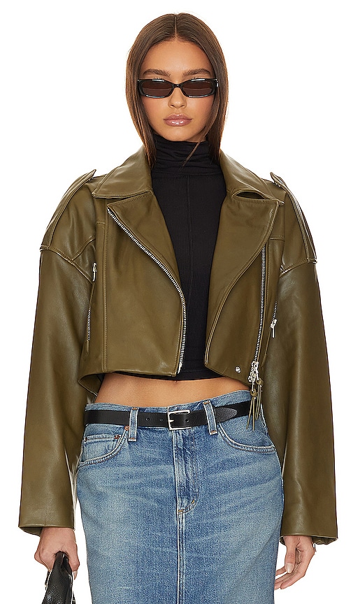 Agolde Remi Cropped Leather Biker Jacket In Grass