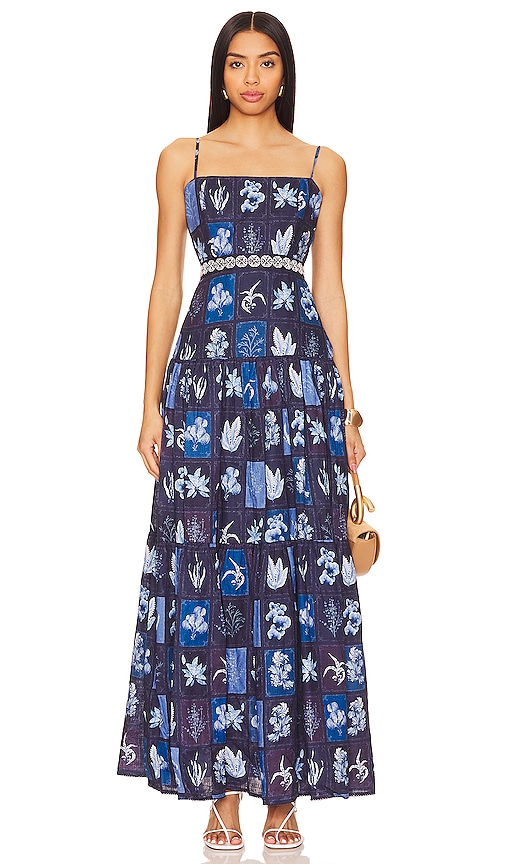 Agua By Agua Bendita + Net Sustain Lima Tiered Embellished Embroidered Printed Linen Maxi Dress In Blue