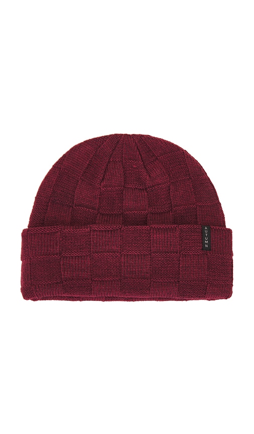 Shop Autumn Headwear Checkered Knit Beanie In Burgundy