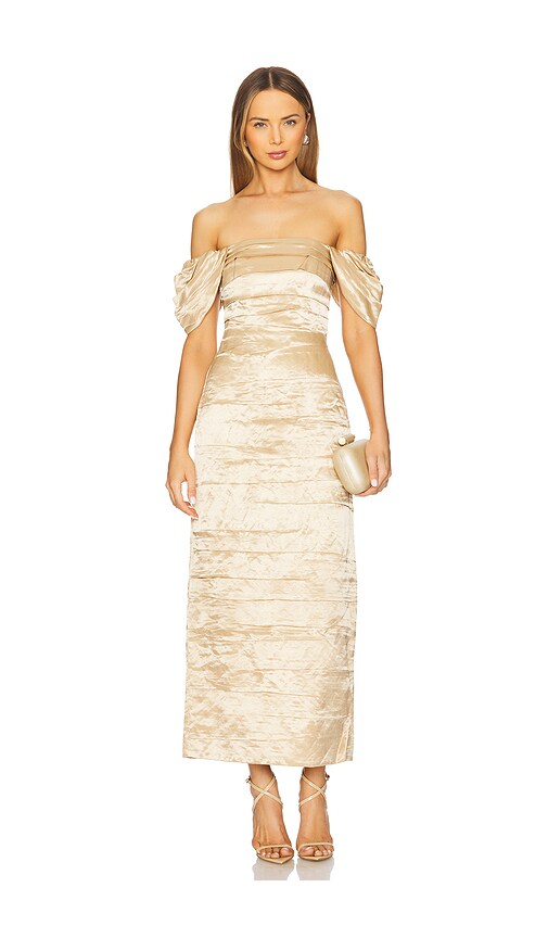 Aje Zara Gathered Midi Dress in Gold | REVOLVE