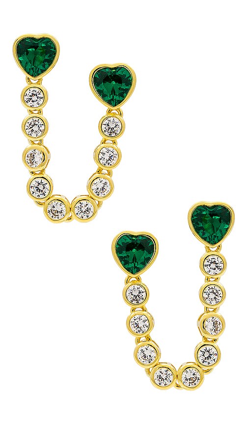 By Adina Eden Double Heart & Tennis Chain Stud Earring In Emerald Green