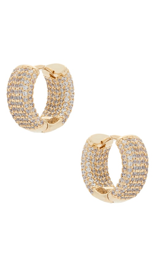 By Adina Eden Mini Pave Wide Rounded Huggie Earring in Metallic Gold.
