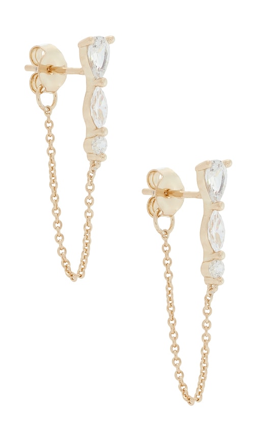 By Adina Eden Triple Pear Chain Front Back Stud Earring in Metallic Gold.