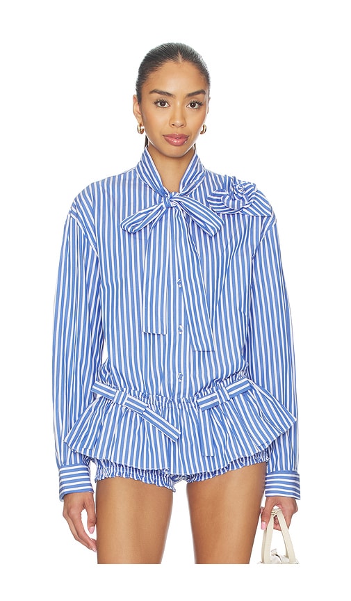 AKNVAS Flor Poplin Deep Blue Stripe Shirt With One Rose
