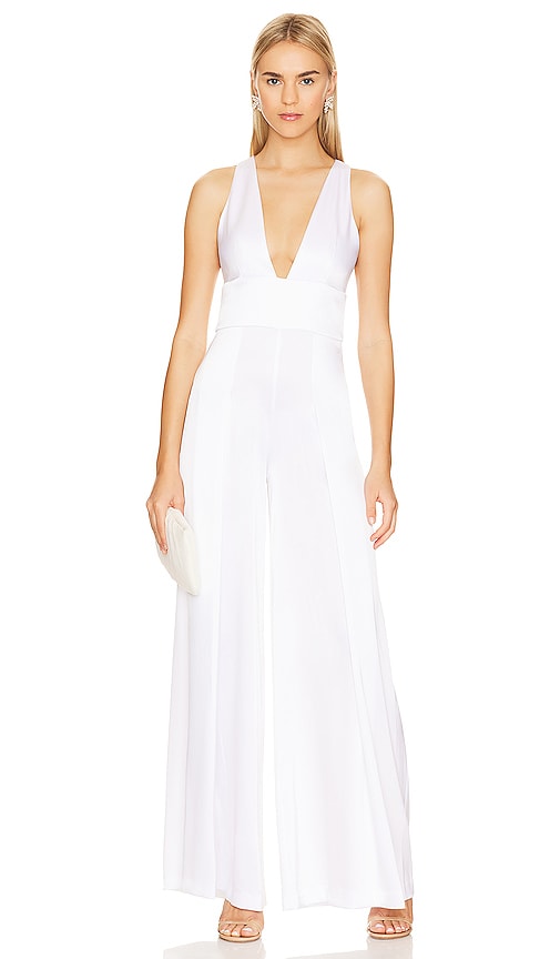 Alice And Olivia Myrtle Low V-neck Wide Jumpsuit In White