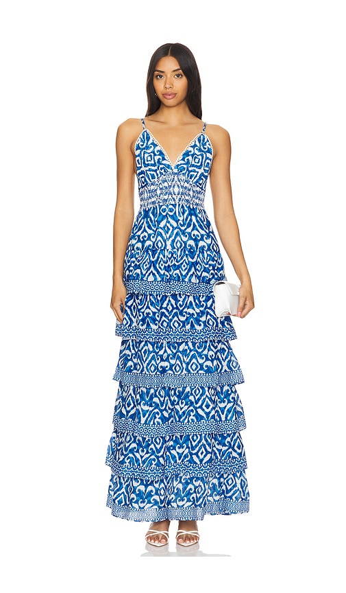 Shop Alice And Olivia Imogene Tiered Maxi Dress In Artisan Ikat French Blue