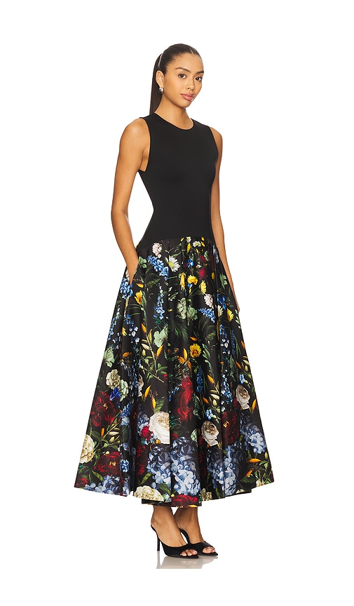 Alice And Olivia Adley Sleeveless Drop Waist Flare Midi Dress In Black