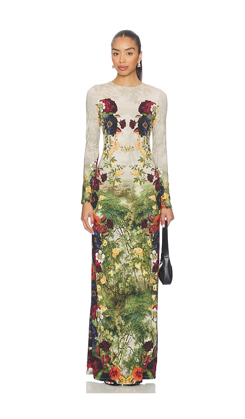 Alice And Olivia Delora Long Sleeve Crew Neck Maxi Dress In Multi