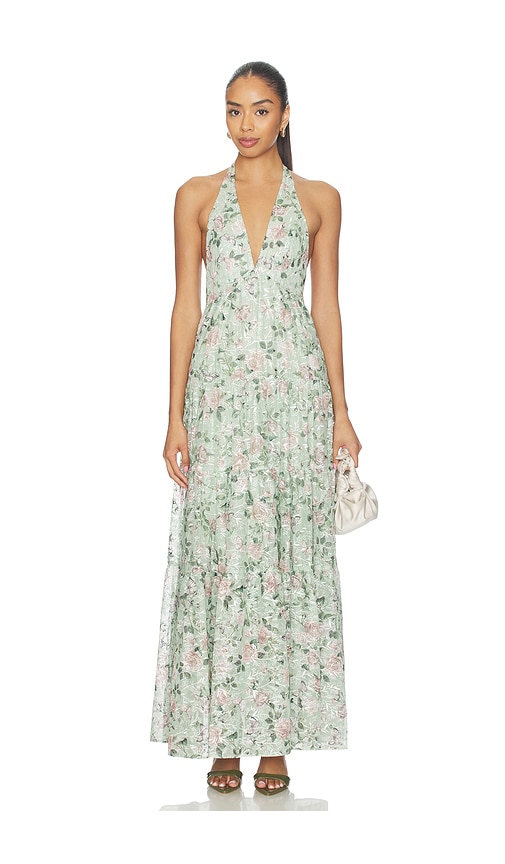 Maura Embroidered Deep V Halter Tiered Maxi Dress