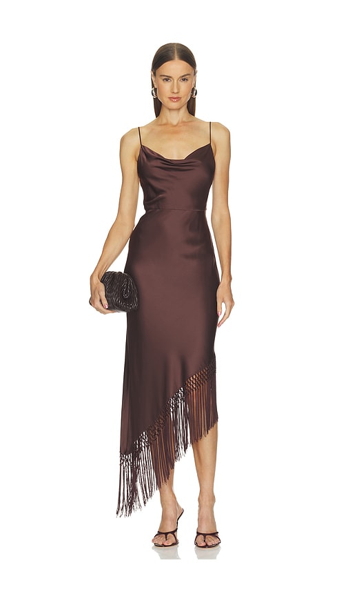 Harmony Drapey Slip Asymmetrical Midi Dress With Fringe